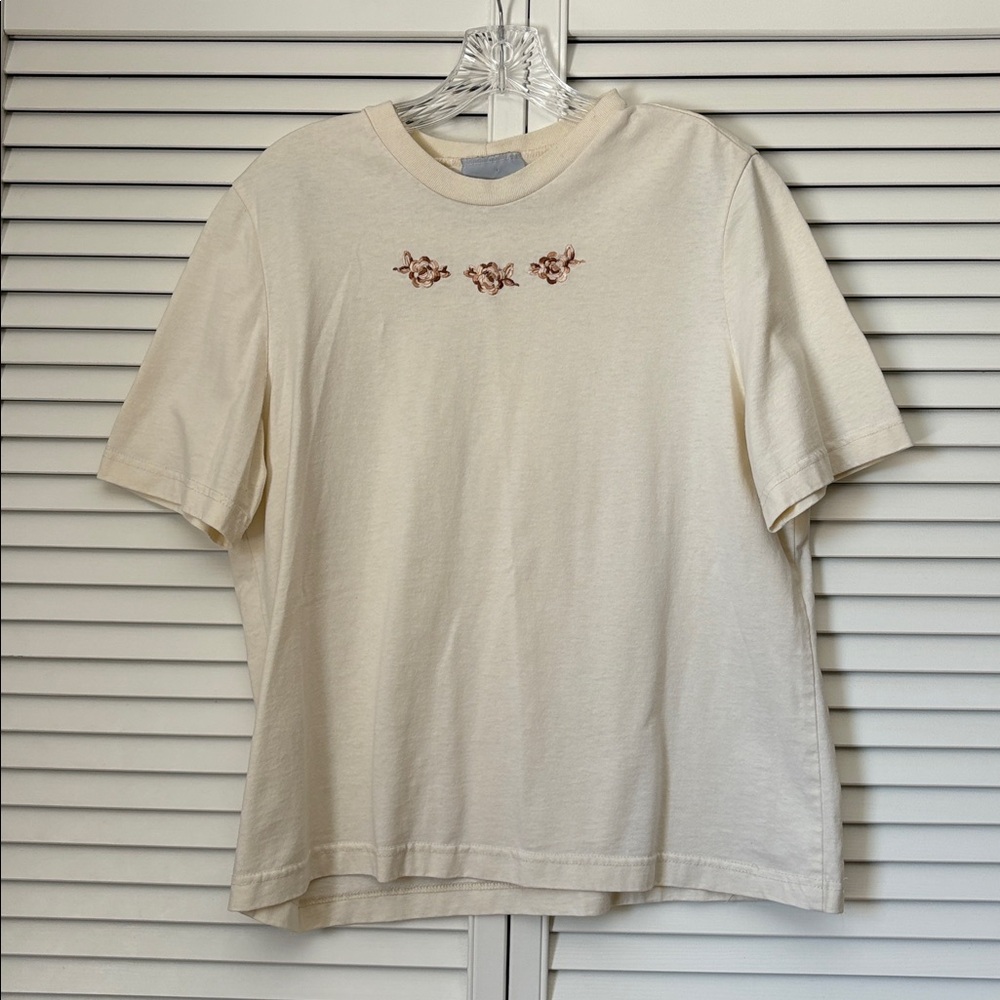 Vintage Blair Embroidered Short Sleeve T-Shirt Brown Cream Crewneck Floral EUC